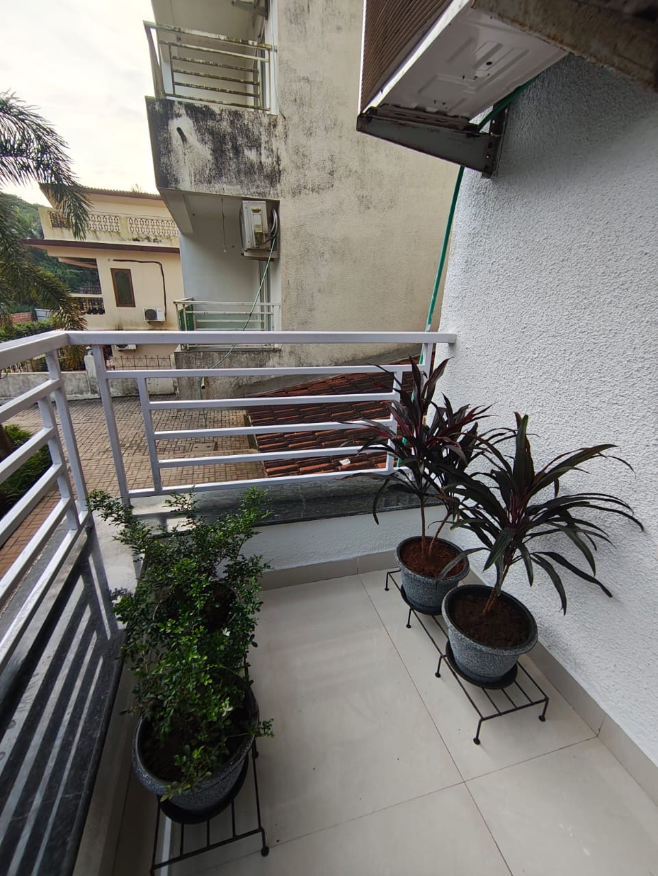 Side balcony lined with potted dracaena and jasmine